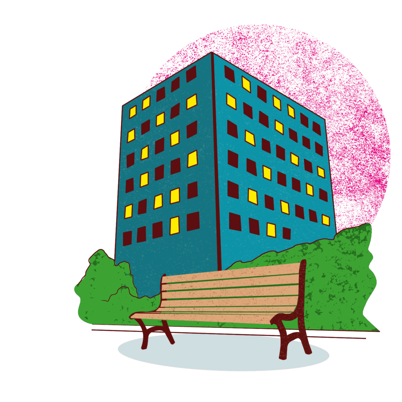 Bunte Illustration Hochhaus mit Parkbank und Gebüsch